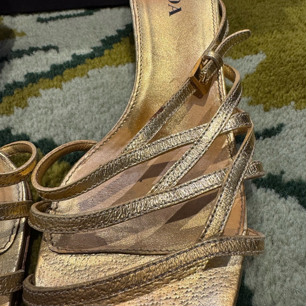 Y2K Vintage Prada Gold Strappy Kitten Heeled Sandals - Picture 5 of 5